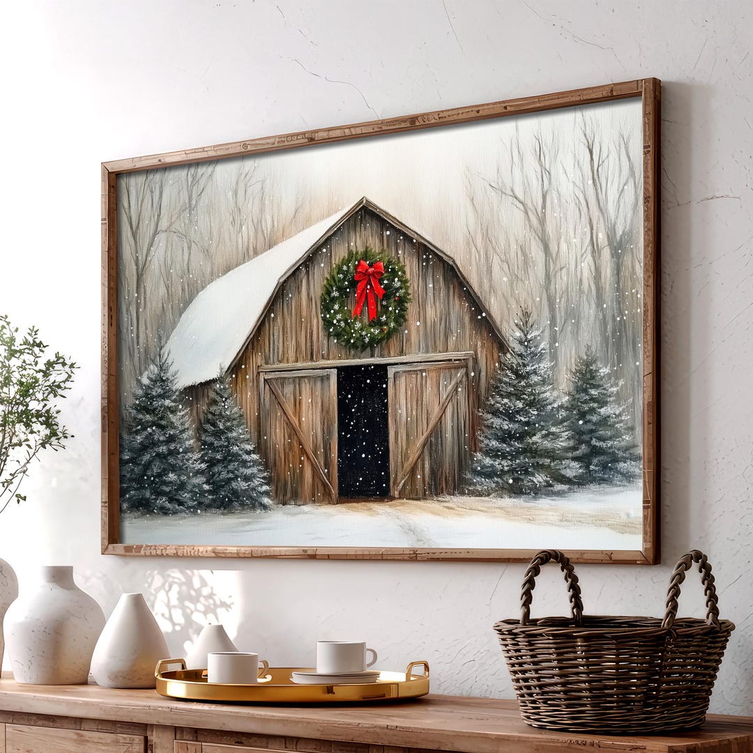 Rustic Farmhouse Christmas Barn Poster, Snowy Winter Landscape With ...