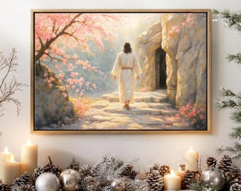 He Is Risen Cherry Blossom Canvas, Jesus Christ Walking Into Tomb Easter Wall Art, LDS Christian Resurrection Home Decor Nb 0300