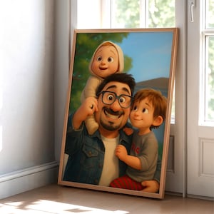 Puede incluir: Ilustración enmarcada de un padre con dos hijos. El padre lleva gafas y una chaqueta vaquera, con un niño sobre sus hombros y el otro a su lado. La obra de arte tiene una paleta de colores cálidos y se desarrolla frente a una casa y árboles.