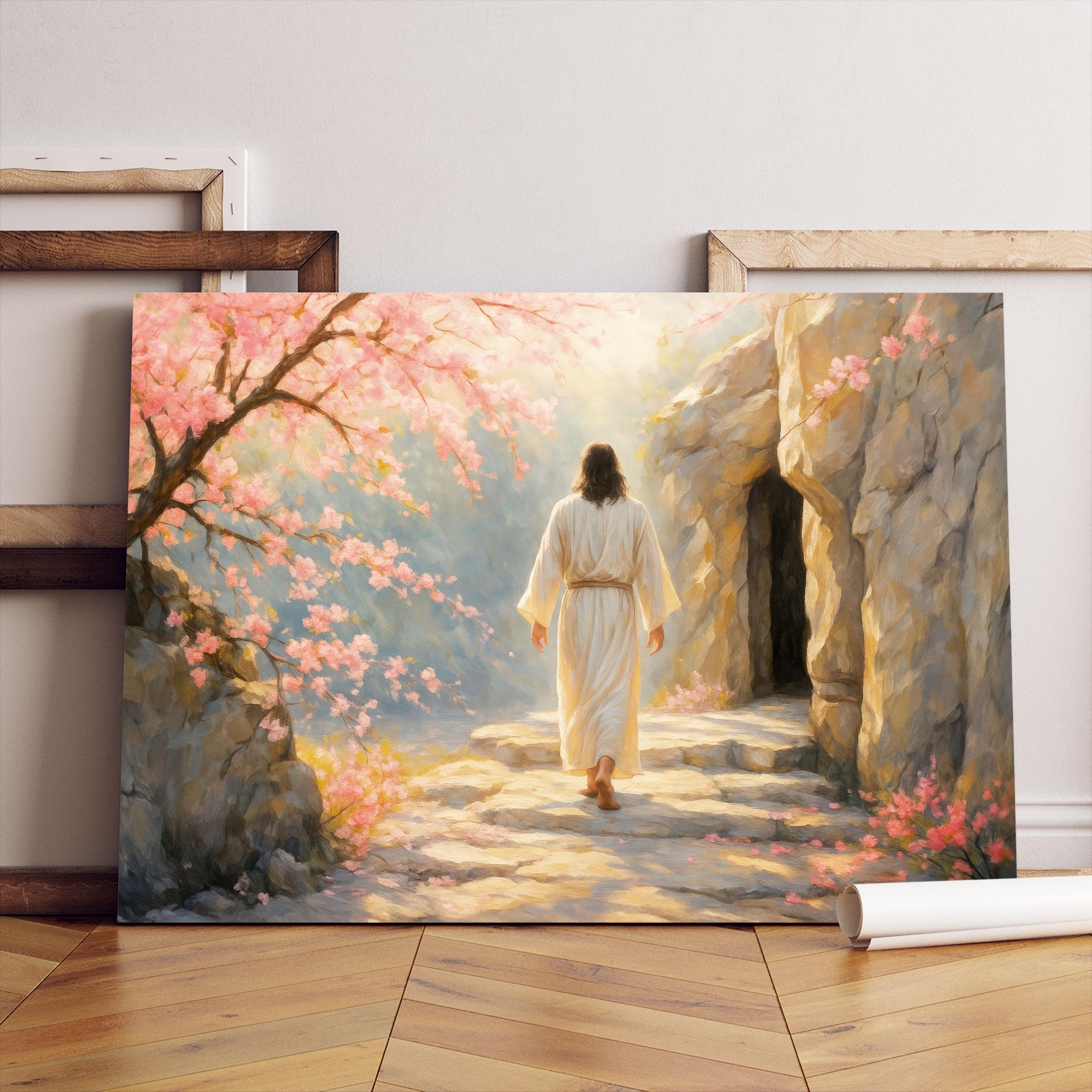 He is Risen Cherry Blossom Canvas, Jesus Christ Walking Into Tomb