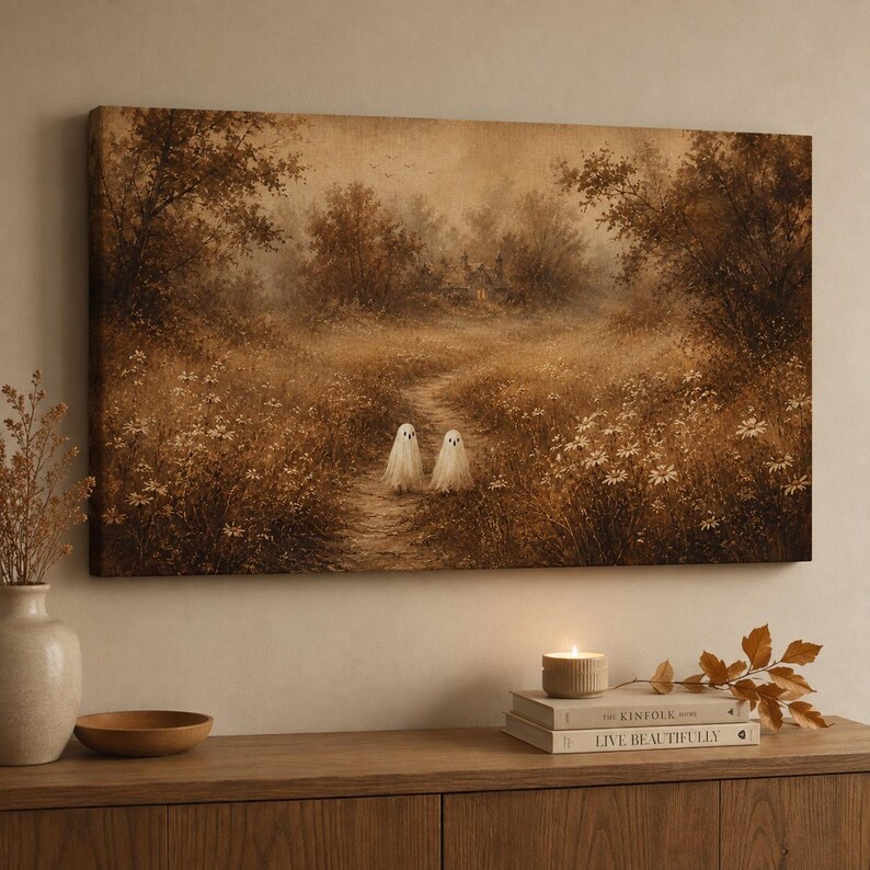 Puede incluir: Un lienzo rectangular con una pintura de paisaje en tonos sepia que muestra un camino de tierra serpenteando a trav&eacute;s de un campo de flores silvestres y &aacute;rboles, con dos peque&ntilde;as figuras de fantasmas blancos en el centro del sendero bajo un cielo brumoso.