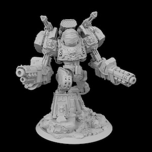 Puede incluir: Miniatura gris de una máquina de guerra futurista, con múltiples sistemas de armas y detalles mecánicos intrincados. El modelo se alza sobre una base rocosa, mostrando un diseño listo para la batalla con un motivo de calavera.