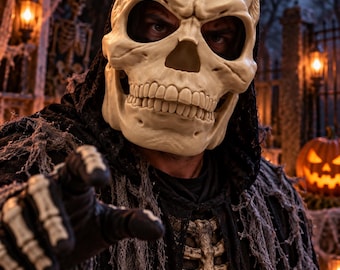 May include: A full-head off-white skull mask with deep eye sockets and detailed teeth, paired with a black hooded cloak featuring distressed fabric textures and a matching ribcage chest piece, worn with black gloves showing bone-like finger details.