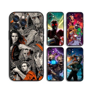 May include: A collection of phone cases featuring characters from the Guardians of the Galaxy. The cases display various characters in vibrant colors and detailed illustrations. The designs include Star-Lord, Groot, and other members of the team.