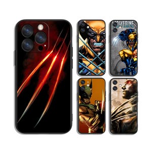 May include: Five rectangular smartphone cases featuring Wolverine imagery. One case displays three glowing orange claw marks on a black background. The other four cases show various comic book illustrations of the character Wolverine with metal claws.