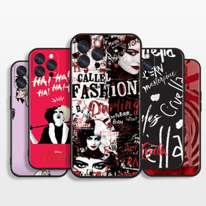 May include: Five smartphone cases featuring Cruella de Vil imagery. Designs include a light purple case, a bright red case with 'HA! HA!' text, a collage-style case with portraits and 'FASHION' text, a black case with white script, and a red patterned case.