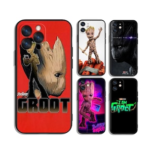 May include: Collection of phone cases featuring the character Groot from the Marvel franchise. Designs include Groot in various poses, with text that reads "Avengers Infinity War" and "I am Groot". Cases are red, black, and white.