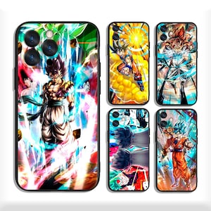 May include: A collection of phone cases featuring vibrant illustrations of characters from the Dragon Ball anime series. The cases showcase dynamic action poses with bold colors and detailed artwork, set against a white background.