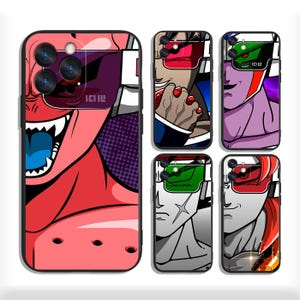 May include: A collection of phone cases featuring colorful anime-style character designs. The cases showcase various characters with bold colors, including red, blue, and green, with detailed facial expressions and graphic elements.