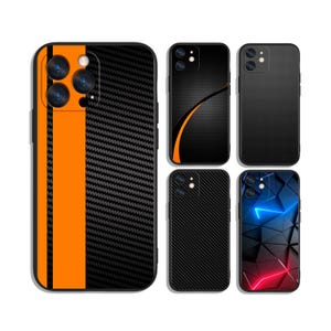 May include: Selection of phone cases with different designs. One case has a carbon fibre pattern with an orange stripe. Other cases feature black textures and geometric designs with blue and red neon accents.