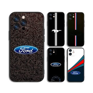 May include: A collection of phone cases featuring the Ford logo and various designs. The cases showcase the Ford emblem, racing stripes, and a Mustang silhouette. The color palette includes black, white, blue, and red.