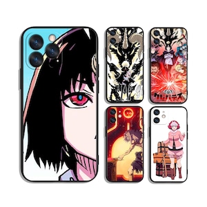 May include: A selection of phone cases with anime-style artwork. The designs include a close-up of a character's face with red eyes, a dark figure with a halo, and a group of characters with Japanese text.