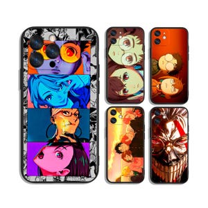 May include: A collection of phone cases featuring colorful anime-style illustrations. The cases showcase various characters and designs, including portraits and action scenes. The cases have a black border with a manga-style pattern.