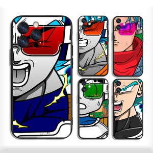 May include: A collection of black phone cases featuring anime-style illustrations of a character with blue hair and various colored glasses. The character is depicted in different expressions and poses, with vibrant colors and bold outlines.
