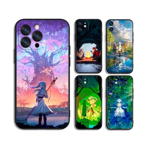 May include: A collection of phone cases featuring anime-style illustrations. The designs include a character with a staff in a landscape, figures around a campfire, and other fantasy scenes. The cases have black borders and are designed for various phone models.