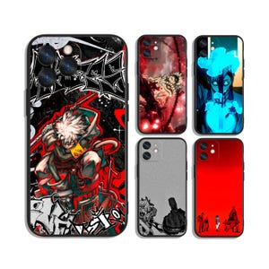 May include: A collection of phone cases with various anime-style graphics. Designs include a character with white hair in a graffiti-style background, a red and black scene, a blue-toned figure, a gray case with a black and white illustration, and a solid red case.