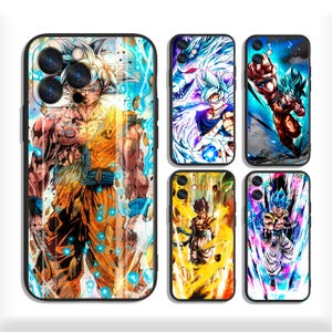 Op de afbeelding: Een verzameling telefoonhoesjes met dynamische illustraties van een personage in actie. De hoesjes tonen een reeks kleuren, waaronder oranje, blauw en geel, met energie-effecten. De ontwerpen zijn gedetailleerd en gestileerd.