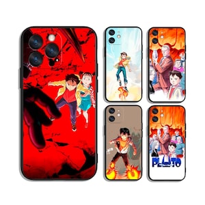May include: A selection of phone cases with anime-style illustrations. The cases feature colourful artwork with characters in action poses, set against dynamic backgrounds of red, orange, and blue. The designs vary, showcasing different scenes and characters.