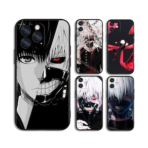 May include: A collection of black phone cases featuring anime-style illustrations. The designs include a split-face character with black and white tones, and other characters with red eyes and masks. The cases have a glossy finish.