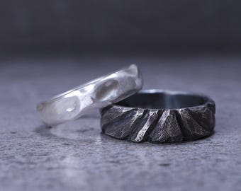 Soft Silence and Dry Landscape | Japanese Zen Wedding Ring Set | Matching Silver Bands | Handmade Couple Rings