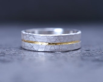 Silver Vein Band | Handcrafted pure silver ring with 24K gold inlay and organic hammered texture | Gift for Him/Her
