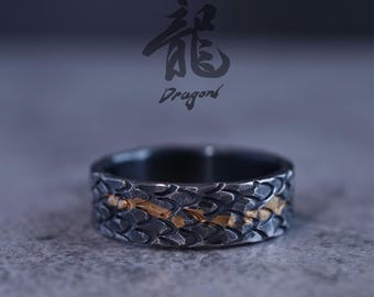 Dragon Scale Ring | 999 Fine Silver and 24K Gold | Japanese Guardian Ring | Mythic Warrior Jewelry | Gift of Strength & Fire | Gift for Him