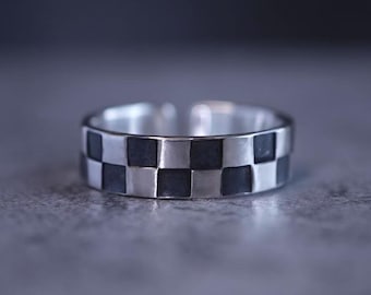 Everglow Ring | Handcrafted Fine Silver Checkered Ring | Personalized Anniversary Gift