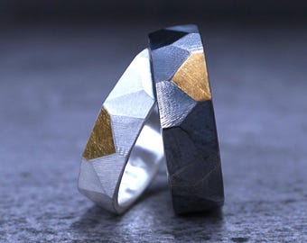 Handmade Celestial Silver Couple Rings | 24K Gold Leaf, Puzzle Fit Bands