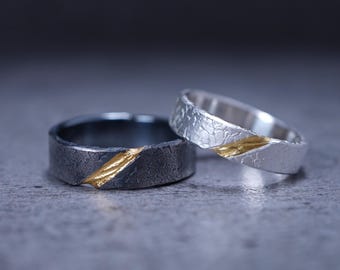 Kintsugi Wedding Ring Set – His and Hers Rings in 999 Silver and 24K Gold | Handmade Japanese Kintsugi Art Rings | Unique Couple Bands