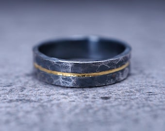 Golden Vein Band | A handcrafted silver ring with 24K gold inlay and rugged texture | Symbolic gift for him or meaningful ring for men