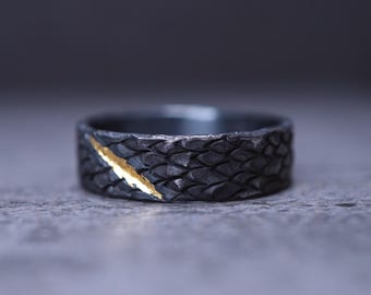 Marked Ring – Oxidized Silver Ring with 24K Gold | Textured Mens Ring | Symbolic Statement Ring | Handmade Rustic Band