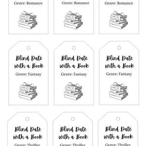 Könnte beinhalten: Neun weiße Anhänger mit dem Text "Blind Date with a Book" und einem darunter aufgeführten Genre. Die Genres sind Romance, Fantasy und Thriller. Jeder Anhänger hat eine kleine Illustration eines mit einer Schleife gebundenen Bücherstapels.