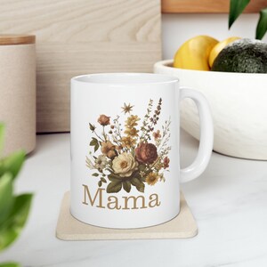 Boho WILDFLOWER MAMA Coffee MUG, Mom Birthday Gift, Vintage Botanical Cup, Mother Day Tea Mug, Floral Mama Novelty Mug, Christmas Gift