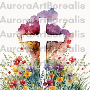 Watercolor Cross in a Field of Flowers Clipart, Christian Catholic clipart, Watercolor Flowers, Wedding Baptism Scrapbooking Card Invitation