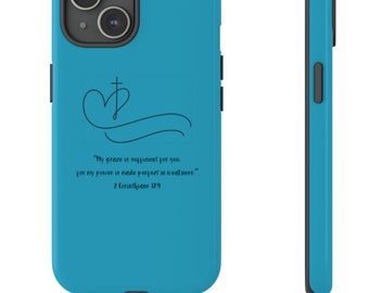 Phone Case Featuring a thoughtful heart and cross design with 2 Corinthians 12:9 bible verse.