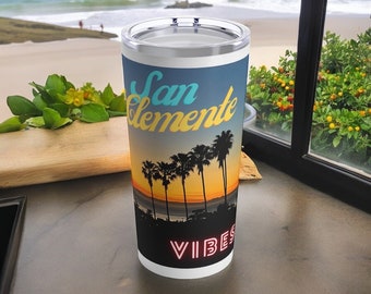 Hot/Cold Tumbler 20oz featuring the fun “SAN CLEMENTE VIBES” logo and sunset picture.