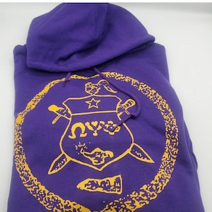 May include: Purple hooded sweatshirt with a gold Greek fraternity crest featuring a shield, swords, and a star.
