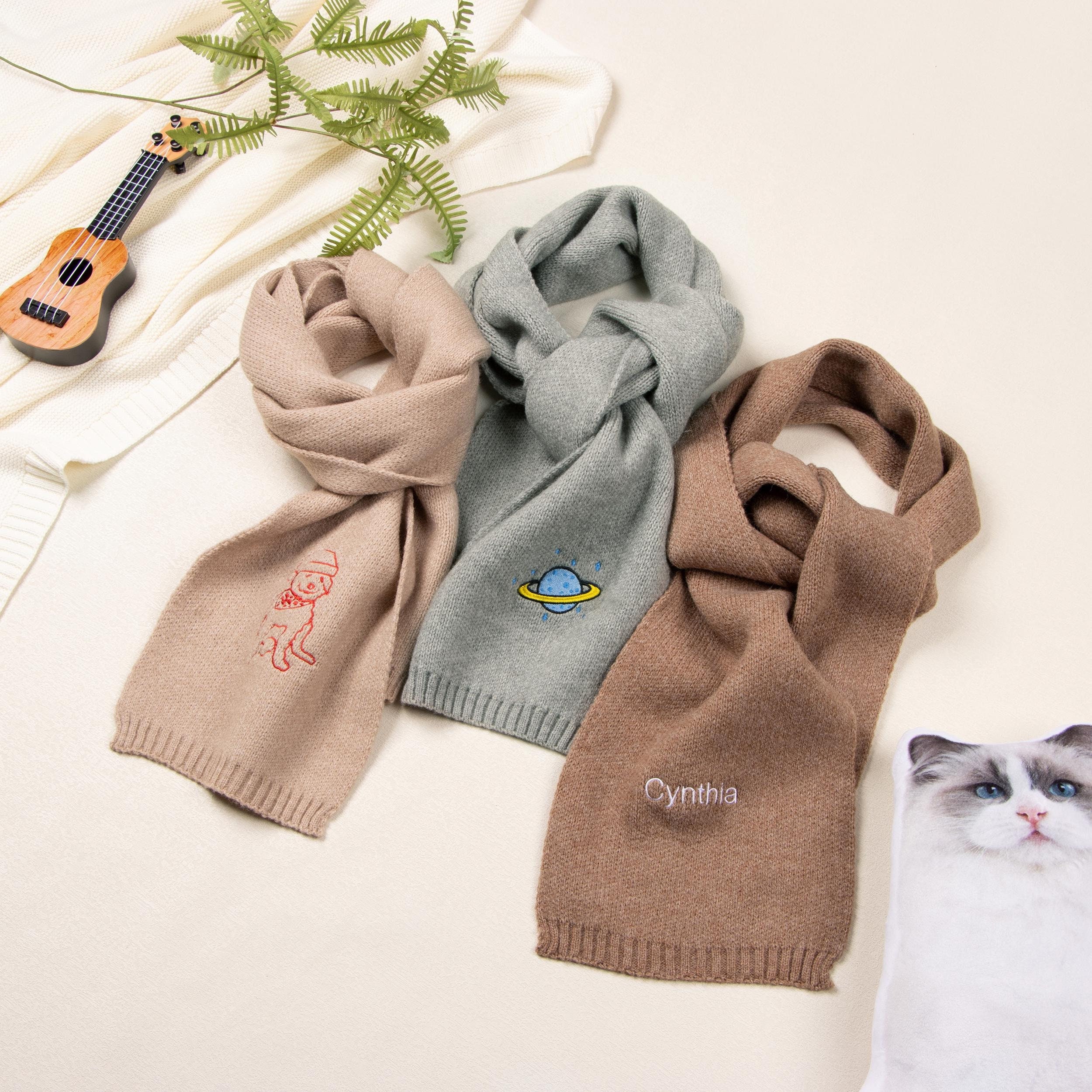 Embroidered Knitted Pattern Scarf,Personalized Winter Scarf with Name or Logo,Embroidered Portrait Outline Scarf,Bridesmaid Gift