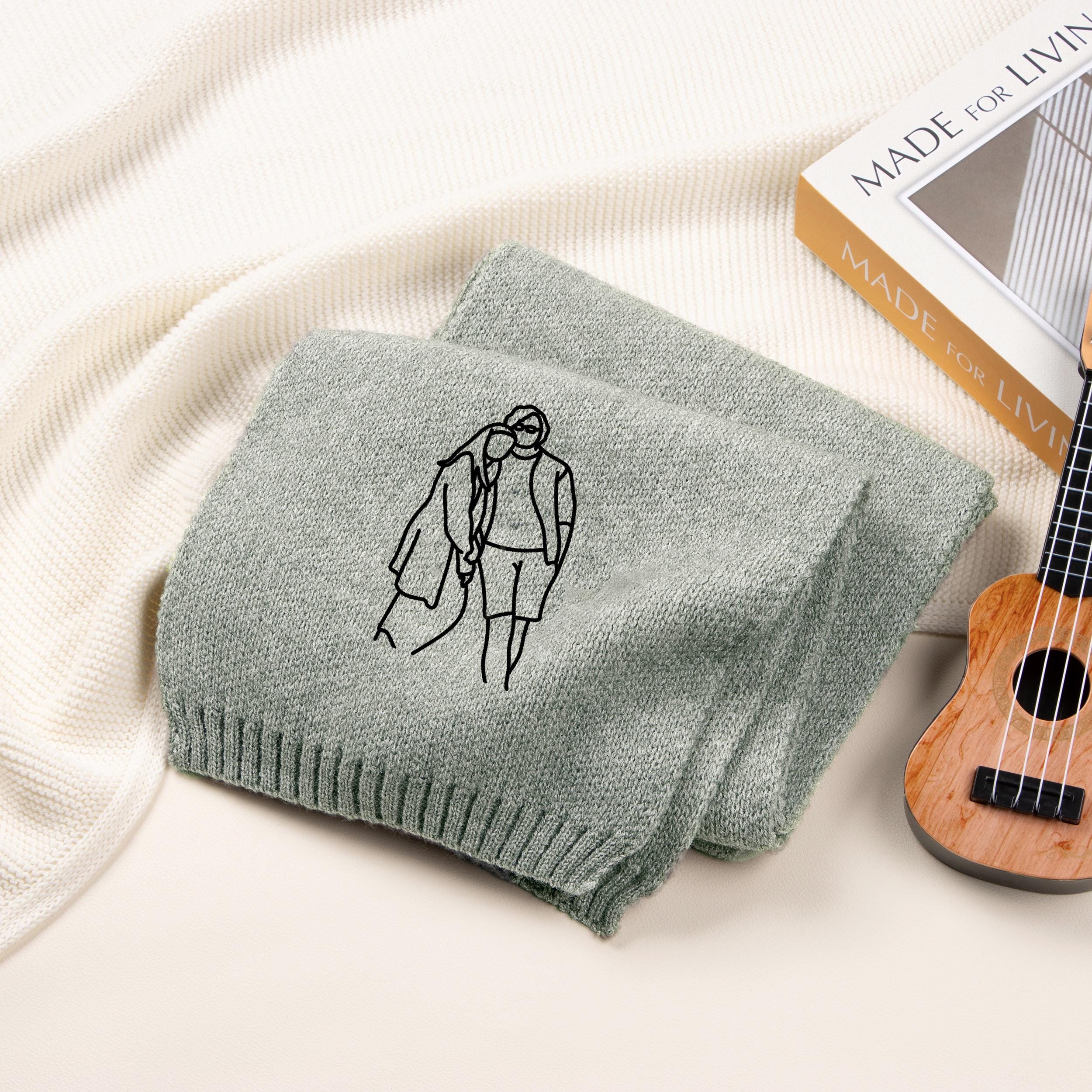 Embroidered Knitted Pattern Scarf,Personalized Winter Scarf with Name or Logo,Embroidered Portrait Outline Scarf,Bridesmaid Gift