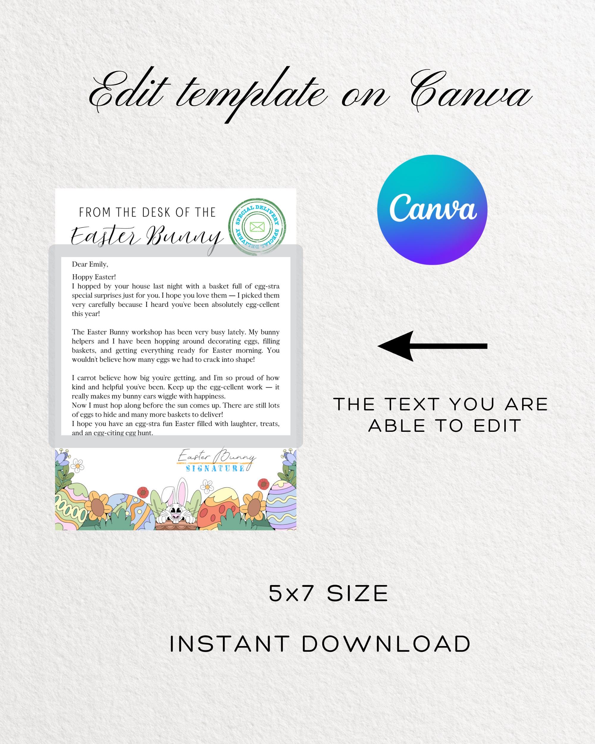 Editable Easter Bunny Letter for Kids Canva Template | Personalized 5x7 ...