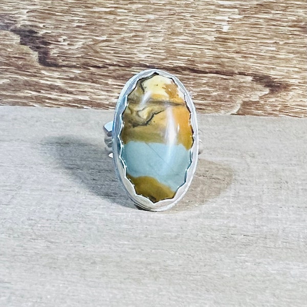 Handmade Sterling Silver Ring With Scalloped Bezel Set Owyhee Picture Jasper Oval Gemstone size 7.25