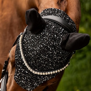 Bonnet anti-mouches, protection anti-mouches, bonnet pour cheval, protection anti-mouches avec paillettes et sequins, noir, WB, VB, Cob, Shetty