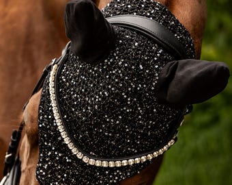 Gorro de exhibición, gorro antimoscas, orejeras antimoscas, gorro antimoscas, gorro para caballo, protección contra moscas con lentejuelas y purpurina, negro, WB, VB, Cob, Shetty
