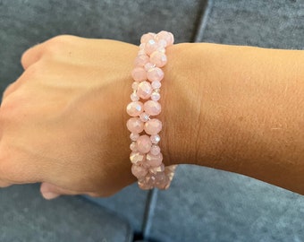 Pink Faceted Glass Stitched Bead Bracelet - FREE SHIPPING