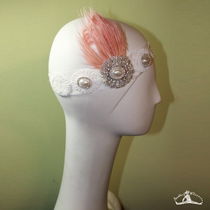 Bridal Headband - 1920s Style White Headband - Vintage Inspired - Flapper Headband - Wedding Headband - Pink Feather - OOAK