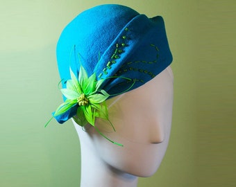 Aqua Cloche Hat - Women's Aqua Wool Cloche Hat - 1920s Style Women's Cloche - Unique Derby Cloche - OOAK