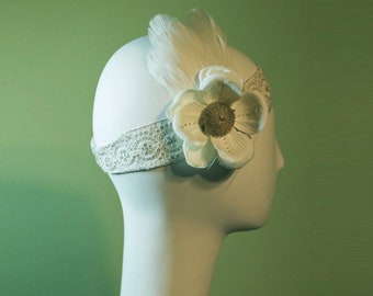 Bridal Headband - 1920s Style White / Cream Colored Headband - Vintage Inspired - Flapper Headband - Wedding Headband - OOAK
