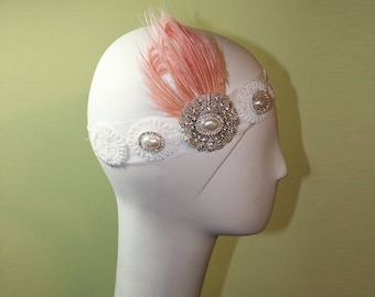 Bridal Headband - 1920s Style White Headband - Vintage Inspired - Flapper Headband - Wedding Headband - Pink Feather - OOAK