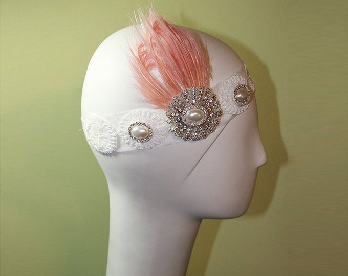 Bridal Headband - 1920s Style White Headband - Vintage Inspired - Flapper Headband - Wedding Headband - Pink Feather - OOAK