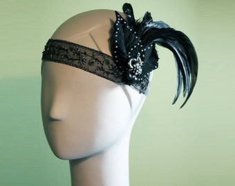 Black Flapper Headband - 1920s Style Black / Pewter Colored Headband - Gothic - Bridal - 20s Headband - Gothic Headband OOAK